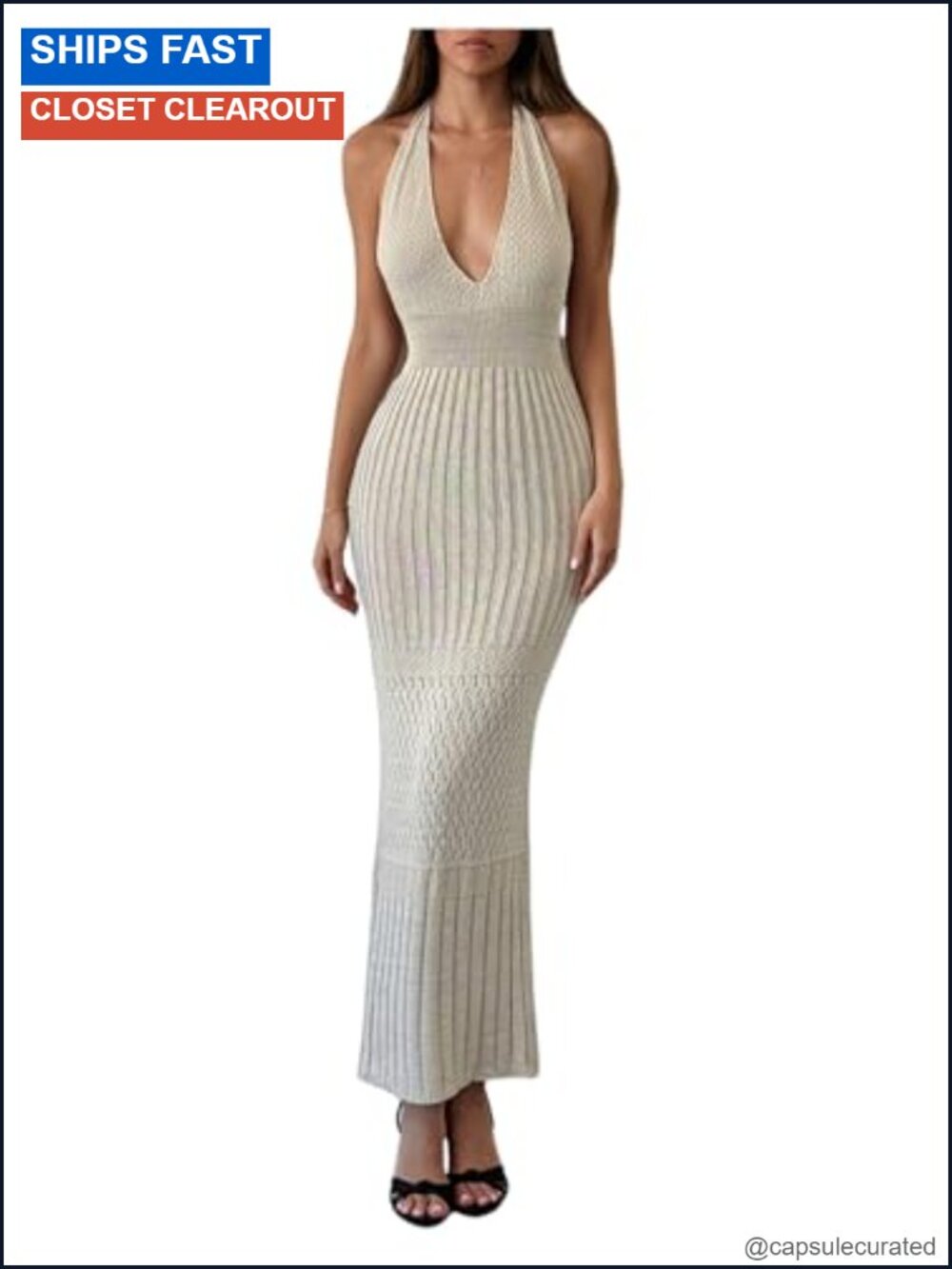 GORGLITTER Halter Backless Knit Maxi Dress Crochet Club Night Out